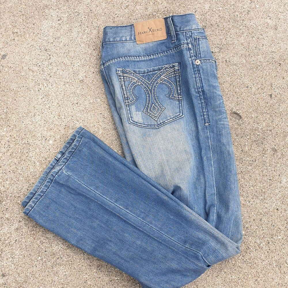 Y2K Marc Ecko Cut & Sew Mens Denim Jeans Blue Boot Cut Cotton Button Zip 32x32